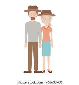 faceless couple colorful silhouette and both with hat and glasses and him with goatee beard and shirt and pants and shoes and her with blouse and skirt and heel shoes with ponytail hairstyle