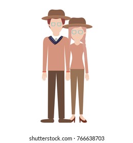 faceless couple colorful silhouette and both with hat and glasses and pants and him with sweater and shoes and her with blouse long sleeve and heel shoes and braid and fringe hair