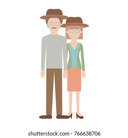 faceless couple colorful silhouette and both with hat and glasses and him with moustache and shirt and pants and shoes and her with blouse and jacket and skirt and heel shoes with mushroom hairstyle