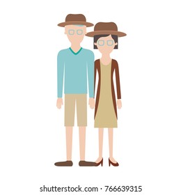 faceless couple colorful silhouette and both with hat and glasses and him with sweater and short pants and shoes and her with jacket and dress and heel shoes with short hair