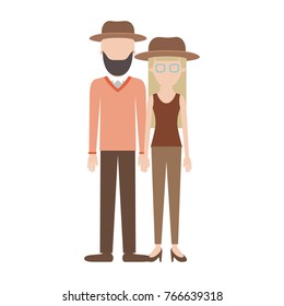 faceless couple colorful silhouette and both with hat and him with beard and sweater and pants and shoes and her with glasses t-shirt sleeveless and pants and heel shoes with long straight hair