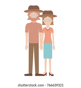 faceless couple colorful silhouette and both with hat and glasses and him with beard and t-shirt and pants and shoes and her with blouse and skirt and heel shoes and short straight hair