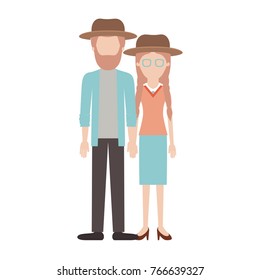faceless couple colorful silhouette and both with hat and him with beard and shirt and jacket and pants and shoes and her with glasses blouse and skirt and heel shoes with braided hair