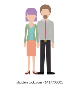 faceless couple colorful silhouette and her with blouse and jacket and skirt and heel shoes with mushroom hairstyle and him with shirt and tie and pants and shoes with short hair and goatee beard