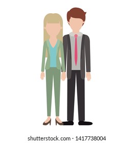 faceless couple colorful silhouette and her with blouse and jacket and pants and heel shoes with straight long hair and him with suit and tie and pants and shoes with short hair