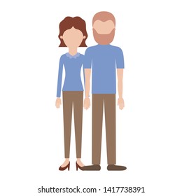 faceless couple colorful silhouette and her with blouse long sleeve and pants and heel shoes with short wavy hair and him with t-shirt and pants and shoes with short hair and beard
