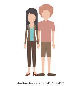 faceless couple colorful silhouette and her with blouse and jacket and pants and heel shoes with layered hair and him with t-shirt and short pants and shoes with curly hair