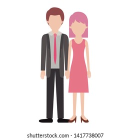 faceless couple colorful silhouette and him with suit and tie and pants and shoes with short hair and her with dress and heel shoes with mid length hair
