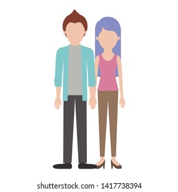 faceless couple colorful silhouette and him with shirt and jacket and pants and shoes with short hair and her with t-shirt sleeveless and pants and heel shoes with long straight hair