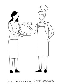 faceless couple cooking barbecue food in black and white