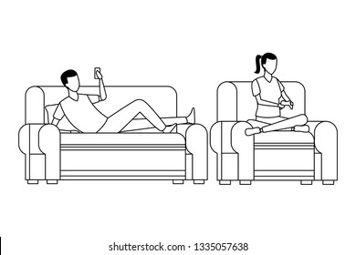 faceless couple and living room in black and white