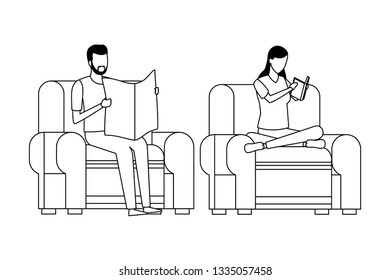 faceless couple reading living room in black and white