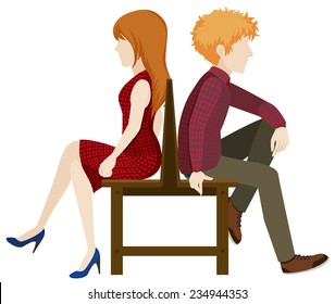 Faceless couple sitting back to back on a white background 