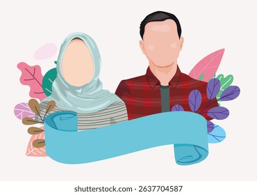 Faceless Couple Vector Illustration with Floral Background Frame