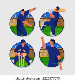 Faceless Cricket Player As Bowler, Fielder, Wicket Keeper And Batsman On Stadium Gray Background.