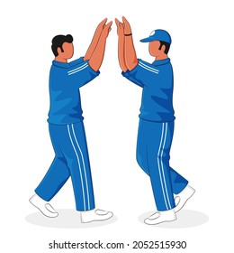 Faceless Cricket Players Doing High Five On White Background.