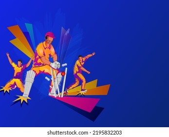 Faceless Cricket Players In Playing Pose With Trophy Cup And Copy Space On Blue Background.