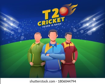 Faceless Cricketers Player in Different Attire on Green and Blue Lights Effect Background for T20 Cricket Fever Is Back.