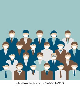 Faceless crowd wearing mask vector banner illustration / pandemic, Coronavirus (influenza , flu, hay fever etc.) prevention.