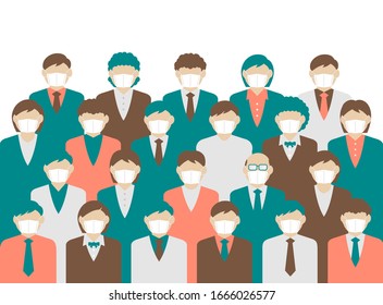 Faceless crowd wearing mask vector banner illustration / pandemic, Coronavirus (influenza , flu, hay fever etc.) prevention.