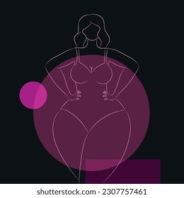 Faceless curvy female in swimsuit contour black background and pink geometric shapes  Body positive   female beauty  Hand drawn vector art