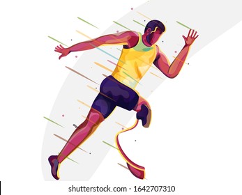 Faceless Disabled Man Running Fast and Abstract Rays on White Background.