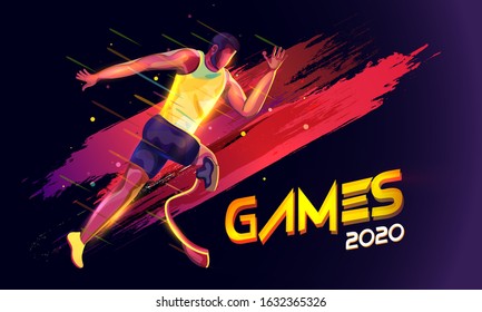 Faceless Disabled Man Running with Lights Effect and Brush Stroke Effect on Black and Purple Background for Games 2020.