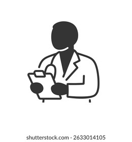 Faceless Doctor Holding Clipboard – Thick Outline Modern Clipart on White Background

