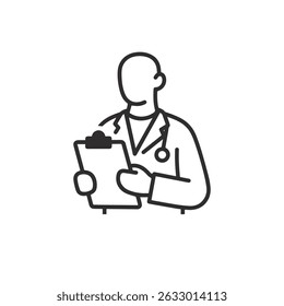 Faceless Doctor Holding Clipboard – Thick Outline Modern Clipart on White Background

