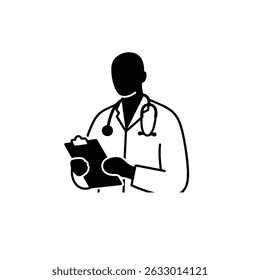 Faceless Doctor Holding Clipboard – Thick Outline Modern Clipart on White Background

