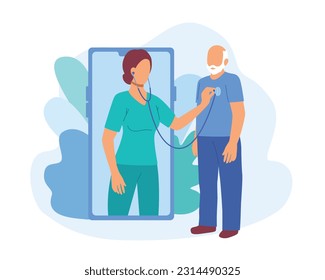 Faceless doctor listens to heart rhythm with stethoscope through mobile app. Video call meeting with experienced therapists. Professional medical team. Vector illustration