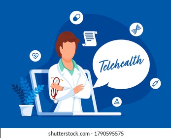 Faceless Doctor Woman In Laptop Screen With Telehealth Speech Bubble And Medical Elements On Blue Background.