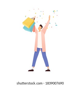 Faceless excited person enjoy shopping. Man holding paper bags with raised hand. Flat vector illustration of young happy male consumer with falling confetti isolated on white