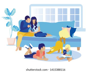 Faceless Family Rest at Home Idyllic Cartoon. Happy Husband Talks to Wife Hugging her. Couple Sitting on Sofa. Children Reading Book on Floor. Adoration Gratitude for Kids. Flat Vector illustration