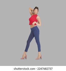 Faceless Fashion model. Dummy figure style display. Character vector illustration. Women in heels posing. Jeans and red top dress exhibit.