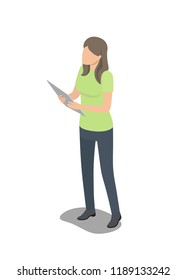 Faceless female character in green T-shirt stands with big thin modern tablet isolated cartoon vector illustration on white background.