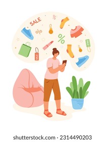 Faceless female doing shopping online from home. Making purchases over internet. Choosing different goods online. Digital environment and electronic commerce. Vector illustration