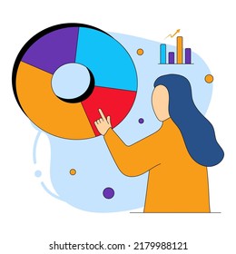 Faceless Female Employee Presenting Pie Chart With Bar Graph On Blue And White Background.