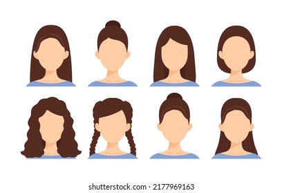 Faceless Female Faces. Set. Brunette Women Blank Empty Faces with Beautiful Hairstyles. Caucasian Skin. Brown Hair. Front view. Template. Color Cartoon style. White background. Vector illustration.