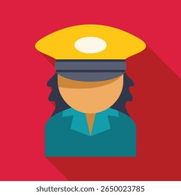 Faceless female police officer character wearing blue uniform and yellow hat with badge, simple style vector illustration
