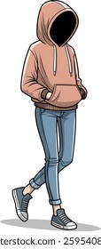 A faceless figure wearing a brown hoodie, blue jeans, and gray sneakers is depicted walking with hands in pockets, creating a mysterious and intriguing appearance