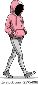 A faceless figure wearing a pink hoodie, gray pants, and blue sneakers is walking, with hands in the hoodie pocket