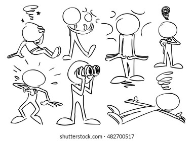 Faceless figures in variety of poses and situations