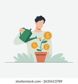 Faceless flat character watering a small money tree. Symbol of financial growth, success, or business startup.