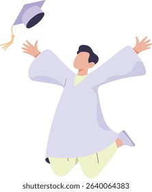 Faceless flat vector character jumping in joy and tossing a graduation cap, pastel colors, white background, celebration concept.