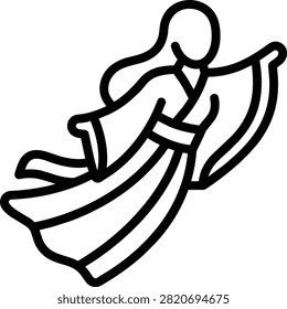 Faceless flying goddess in flowing robes line art icon vector. Minimalist celestial woman spirit floating in traditional dress.