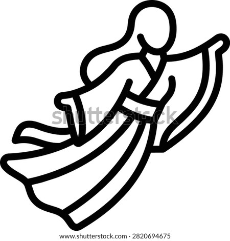 Faceless flying goddess in flowing robes line art icon vector. Minimalist celestial woman spirit floating in traditional dress.