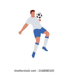 Faceless Footballer Player Hitting Ball From Chest On White Background.