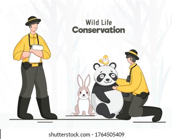 Faceless Forest Guard Men Caring Animals like as Rabbit, Panda, Chick Bird for Wildlife Conservation Concept.