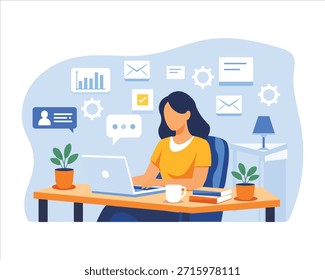 freelancer sem rosto trabalhando de casa em ilustração de vetor plano de laptop